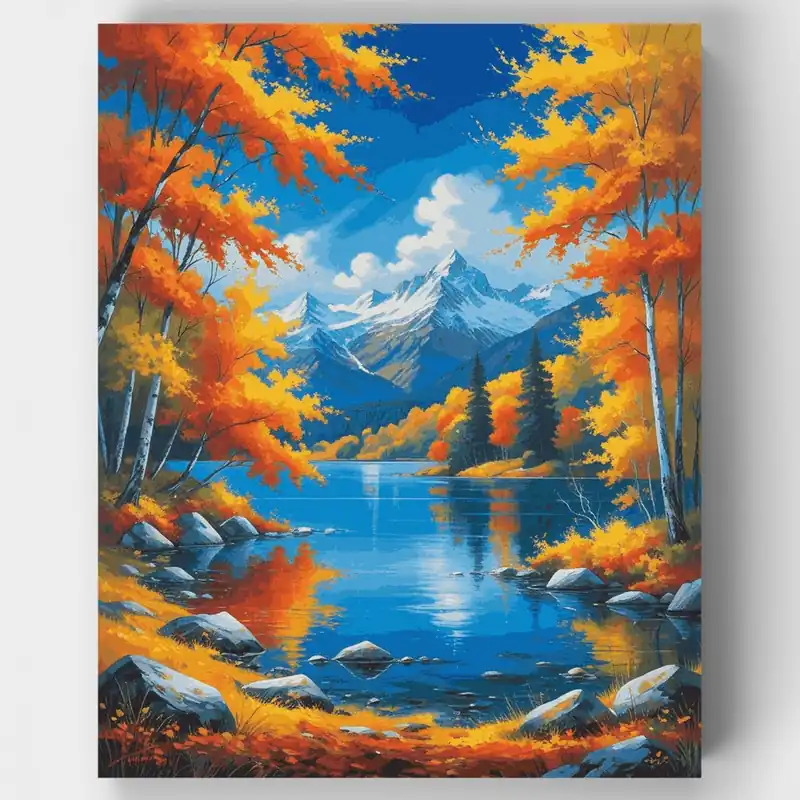 Reflejo de Lago de Montaña en Otoño - Kit de pintar por números - Lienzo Enrollado / 24 Colores Disponible Ahora