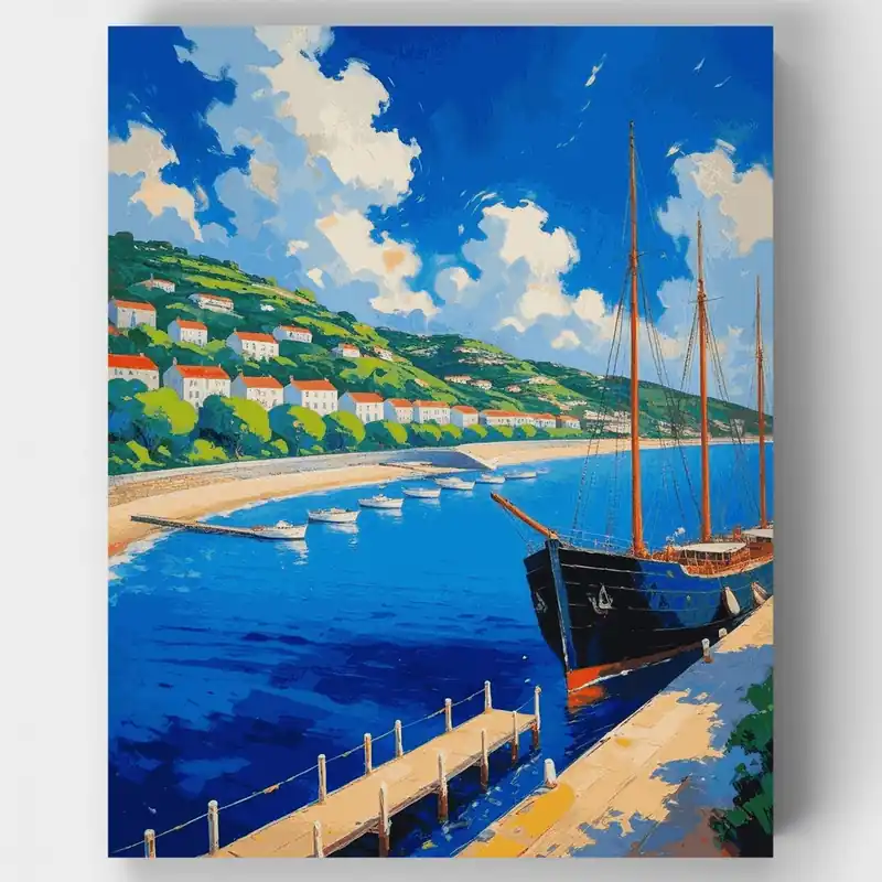 Precio De Oferta Kit de pintar por números de Pueblo Costero con Puerto de Vela - Lienzo Enrollado / 24 Colores