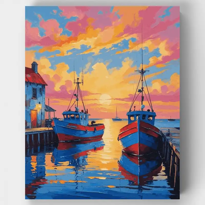 Puerto al Atardecer con Barcos Pesqueros - Kit de pintar por números - Lienzo Enrollado / 24 Colores De Moda