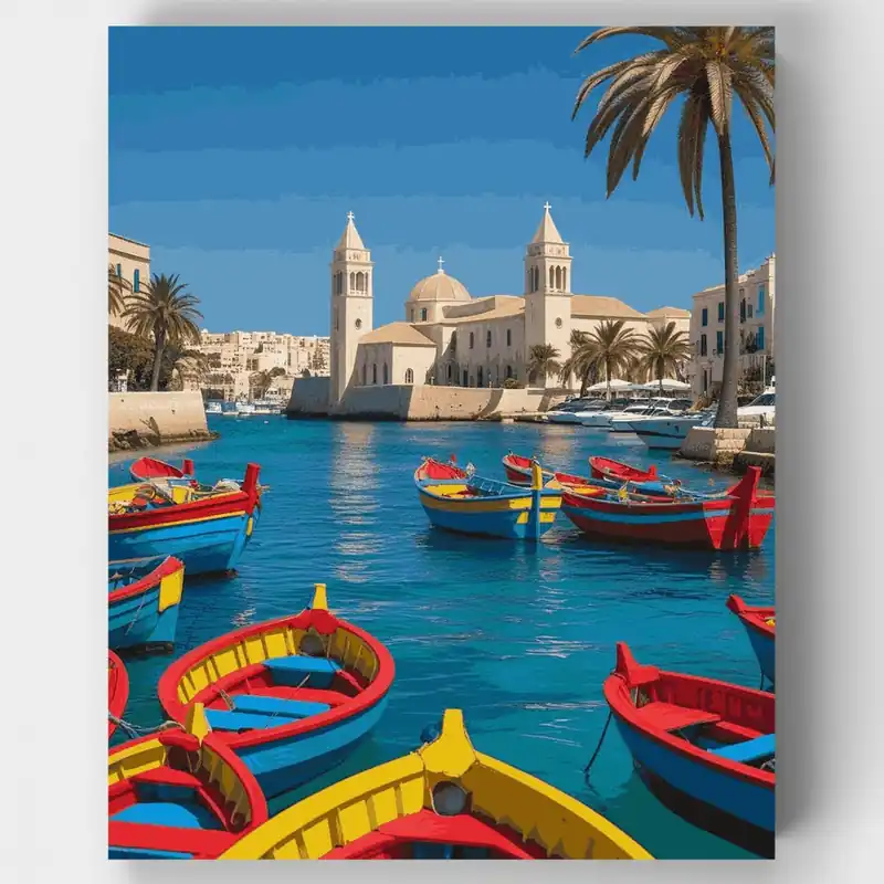 Auténtico Kit de pintar por números Iglesia del Puerto Mediterráneo - Lienzo Enrollado / 24 Colores