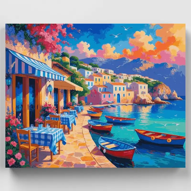 Terraza de Café Mediterráneo junto al Mar - Kit de pintar por números - Lienzo Enrollado / 24 Colores Envío Inmediato