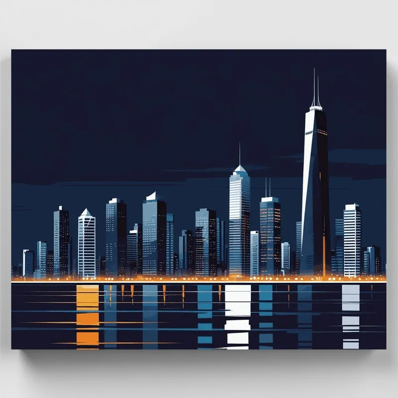 Kit de pintar por números Reflejo Nocturno del Horizonte de la Ciudad - Lienzo Enrollado / 24 Colores Venta Final