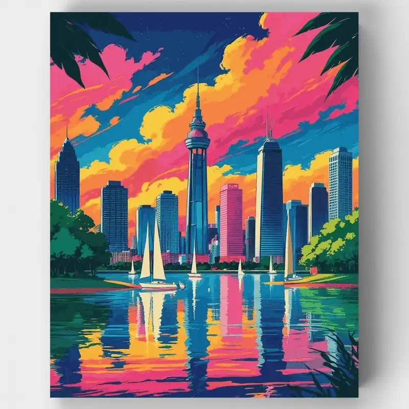 Kit de pintar por números Atardecer Vibrante en Puerto de la Ciudad - Lienzo Enrollado / 24 Colores Súper Precio