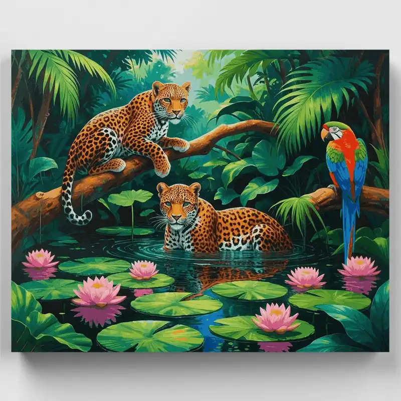 Gran Oferta Jaguares de la Selva junto al Agua - Kit de pintar por números - Lienzo Enrollado / 24 Colores