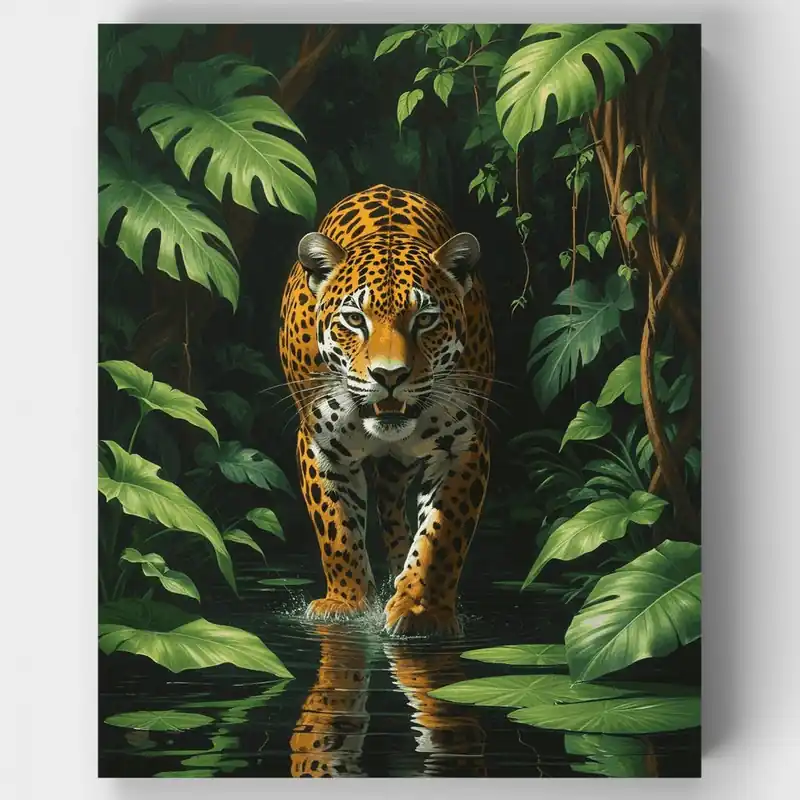 Económico Jaguar en Arroyo de la Selva - Kit de pintar por números - Lienzo Enrollado / 24 Colores