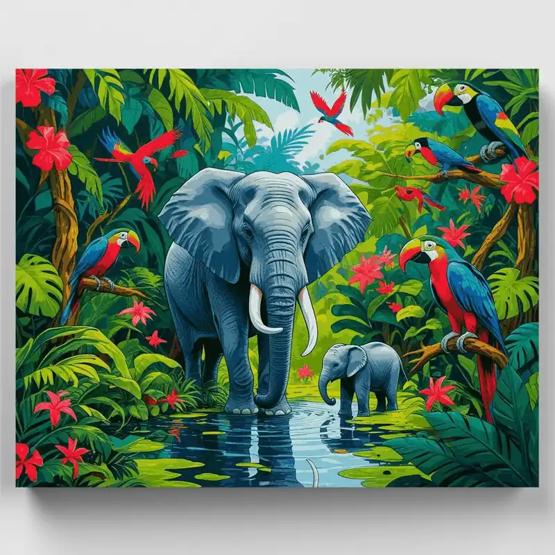 Elefantes de la Selva y Paraíso Tropical - Kit de pintar por números - Lienzo Enrollado / 24 Colores Exclusivo