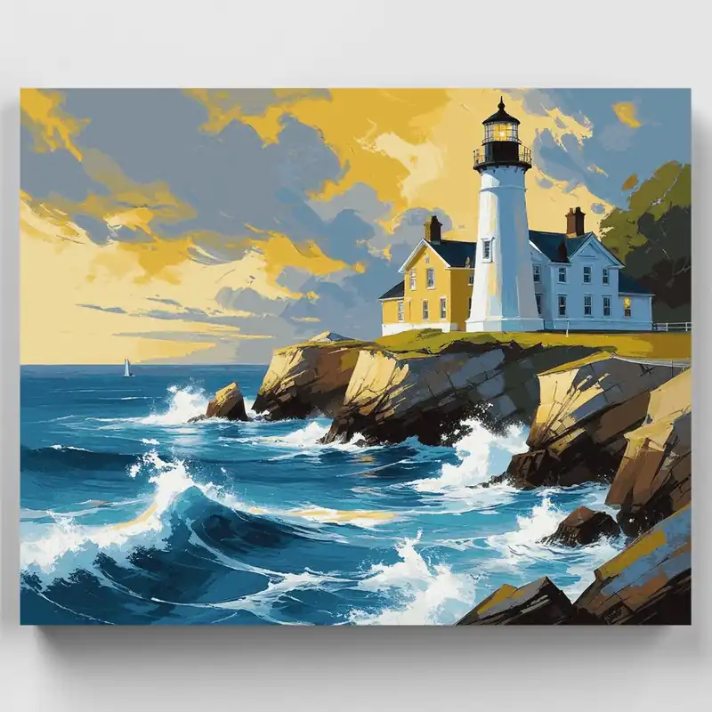 Faro Dramático en Costa Rocosa - Kit de pintar por números - Lienzo Enrollado / 24 Colores Lujoso