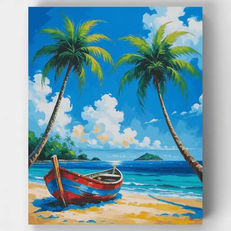 Edición Limitada Paraíso de Barco en Playa Tropical - Kit de pintar por números - Lienzo Enrollado / 24 Colores