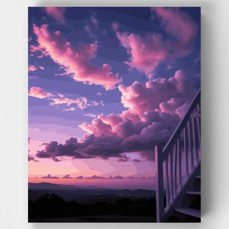 Cielo de Atardecer Soñador con Nubes Dramáticas - Kit de pintar por números - Lienzo Enrollado / 24 Colores Compra Hoy