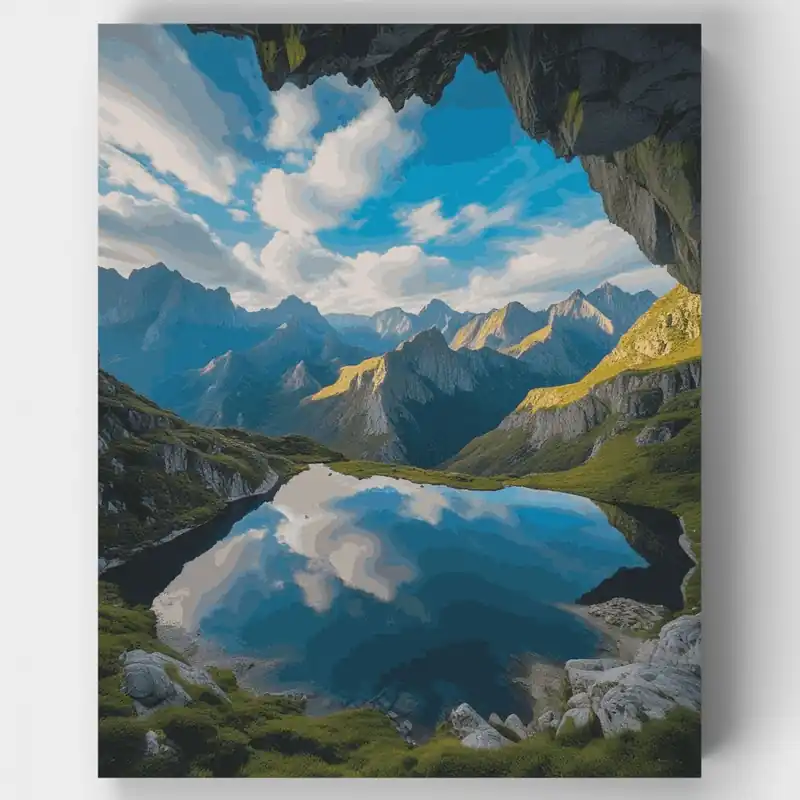 Envío Internacional Kit de pintar por números - Vista de Cueva con Lago de Montaña - Lienzo Enrollado / 24 Colores