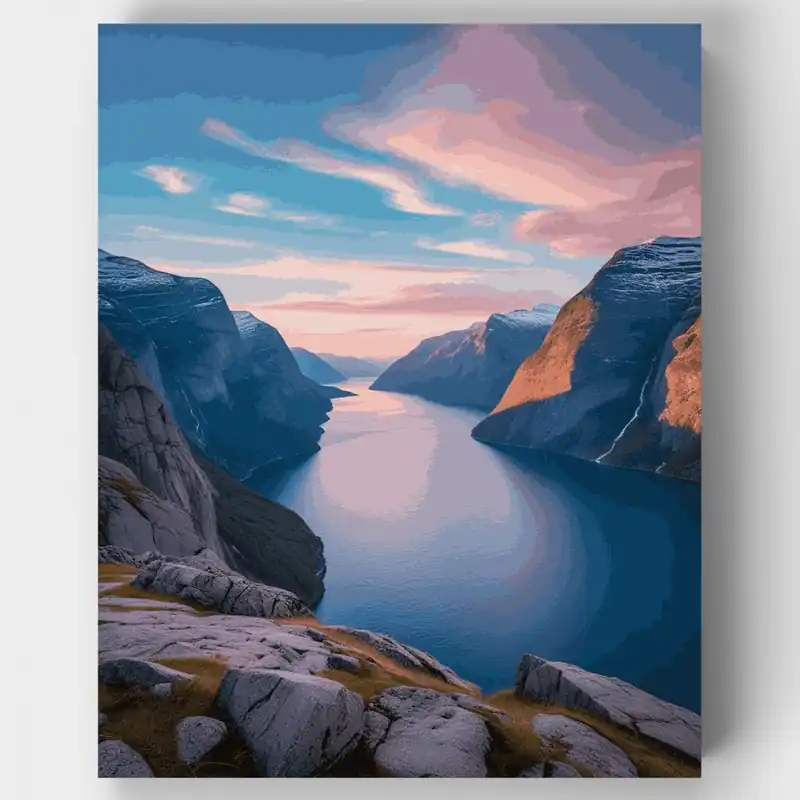 Kit de pintar por números Vista Dramática del Atardecer en Fiordo - Lienzo Enrollado / 24 Colores Pago Seguro