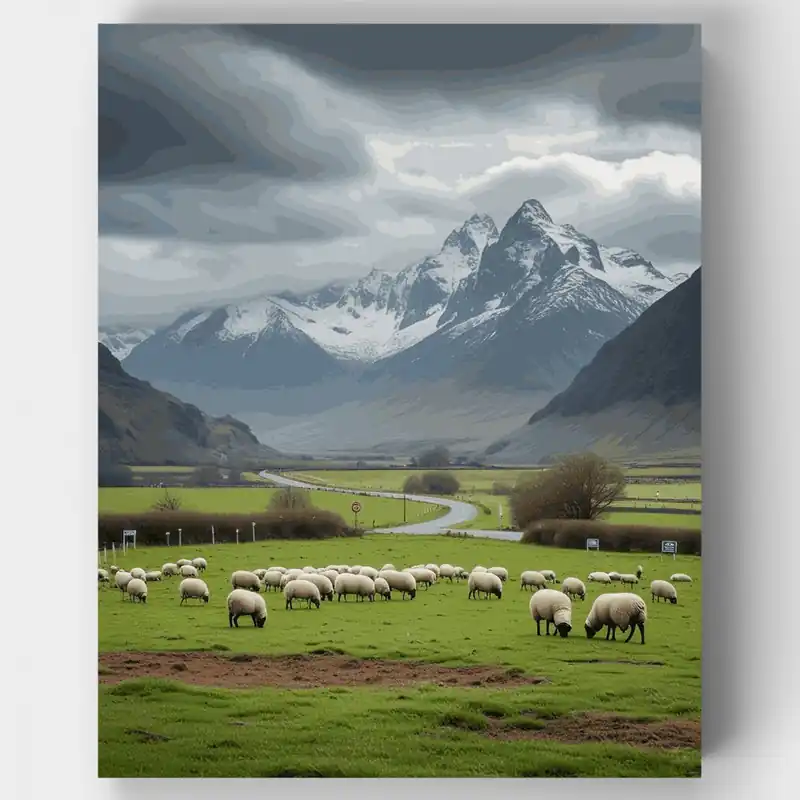 Favorito De Clientes Ovejas Islandesas Pastando con Vista de Montaña - Kit de pintar por números - Lienzo Enrollado / 24 Colores