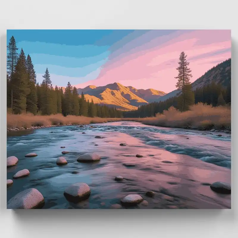 Máxima Calidad Atardecer en Río de Montaña - Kit de pintar por números - Lienzo Enrollado / 24 Colores