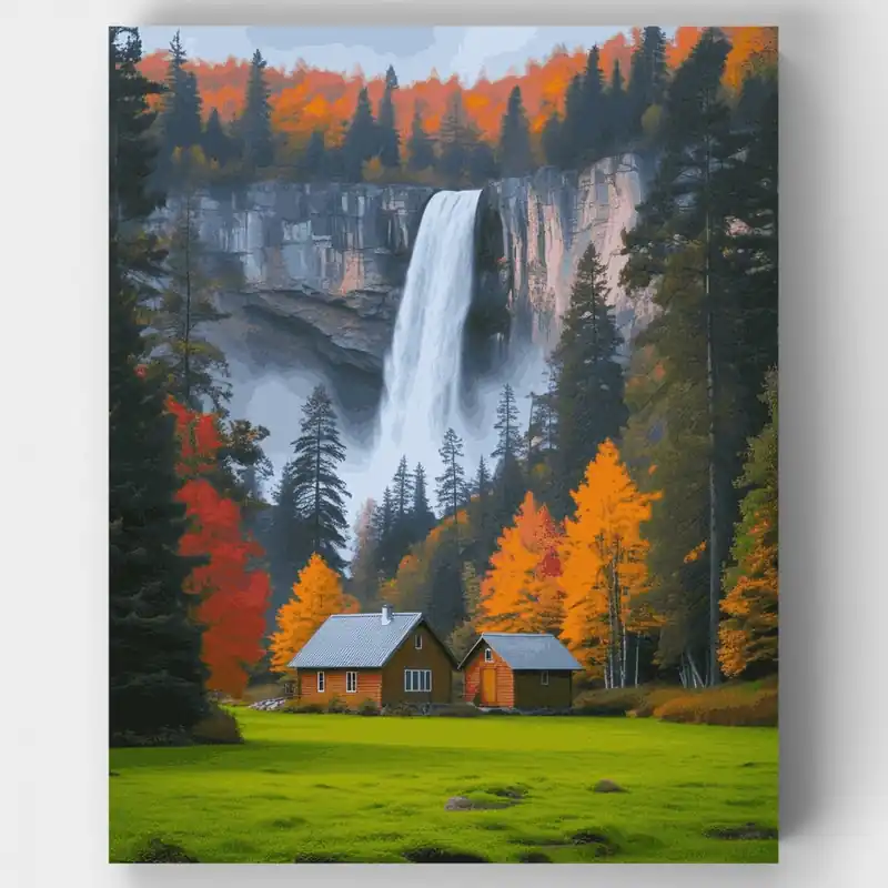 Kit de pintar por números Cabaña Refugio Cascada de Otoño - Lienzo Enrollado / 24 Colores Compra Hoy