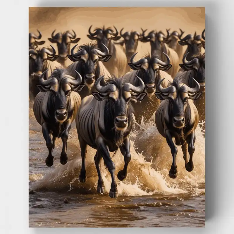 Premium Wildebeest Migration River Crossing - Paint by Numbers Kit - Lienzo Enrollado / 24 Colores