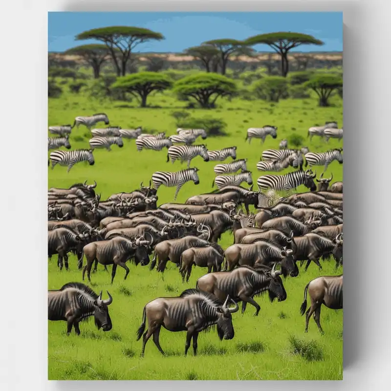 Great Migration Wildebeest and Zebras - Paint by Numbers Kit - Lienzo Enrollado / 24 Colores Ocasión Especial