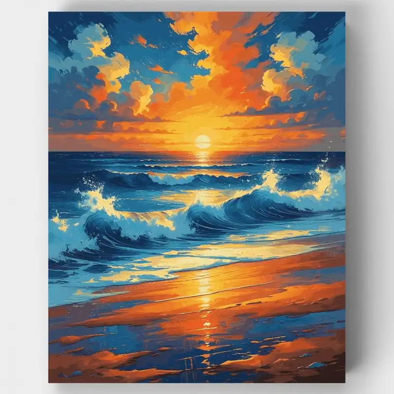 Popular Kit de pintar por números de Olas Vibrantes del Atardecer Oceánico - Lienzo Enrollado / 24 Colores