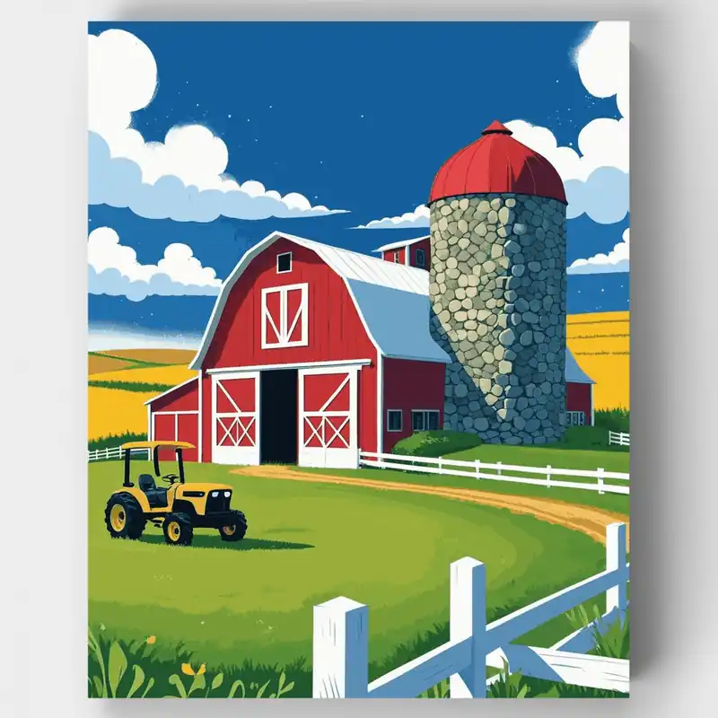 Kit de pintar por números de Granja Clásica con Granero Rojo y Silo de Piedra - Lienzo Enrollado / 24 Colores Popular