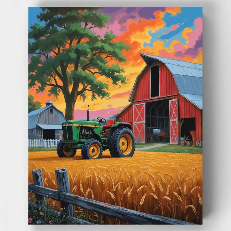 Escena de Tractor en Granja al Atardecer - Kit de pintar por números - Lienzo Enrollado / 24 Colores Oferta Flash