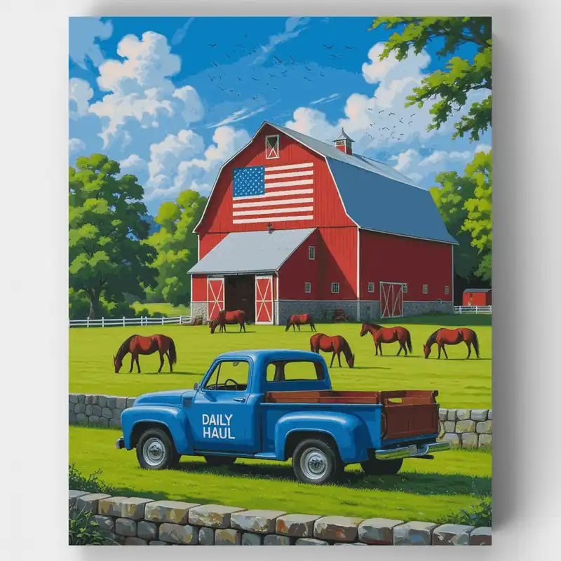 Granja Americana con Granero Rojo y Caballos - Kit de pintar por números - Lienzo Enrollado / 24 Colores Liquidación