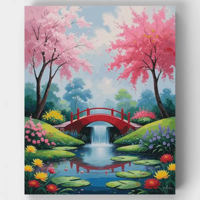 Puente Sereno de Jardín Japonés con Flores de Cerezo - Kit de pintar por números - Lienzo Enrollado / 24 Colores De Moda
