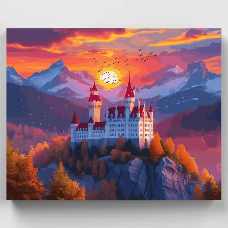 Majestuoso Castillo Alpino al Atardecer Dorado - Kit de pintar por números - Lienzo Enrollado / 24 Colores Disponible Ahora