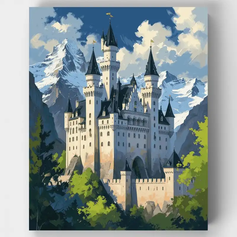 Castillo de Cuento de Hadas en Montañas Alpinas - Kit de pintar por números - Lienzo Enrollado / 24 Colores Envío Gratis