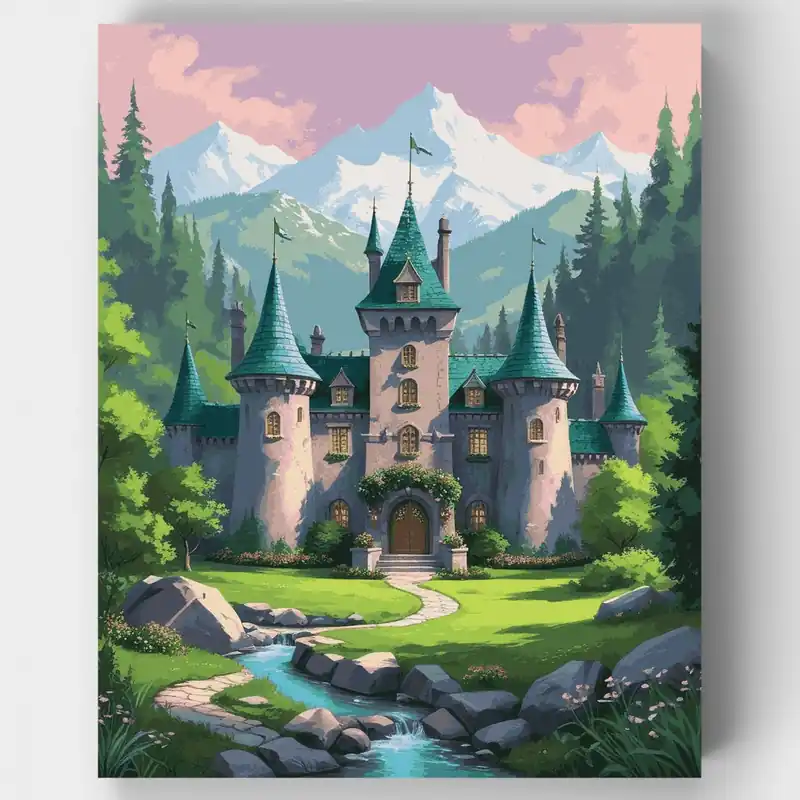 Castillo Encantado en Valle de Montaña - Kit de pintar por números - Lienzo Enrollado / 24 Colores Tendencia