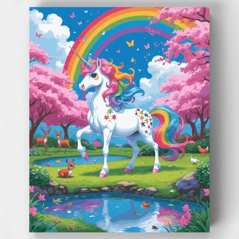 Kit de pintar por números Jardín Mágico de Unicornio Arcoíris - Lienzo Enrollado / 24 Colores Edición Limitada