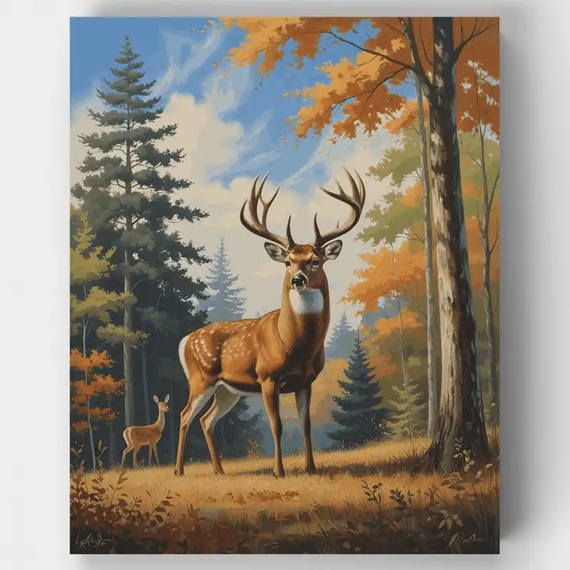 Ciervo Majestuoso en Bosque de Otoño - Kit de pintar por números - Lienzo Enrollado / 24 Colores Artesanal