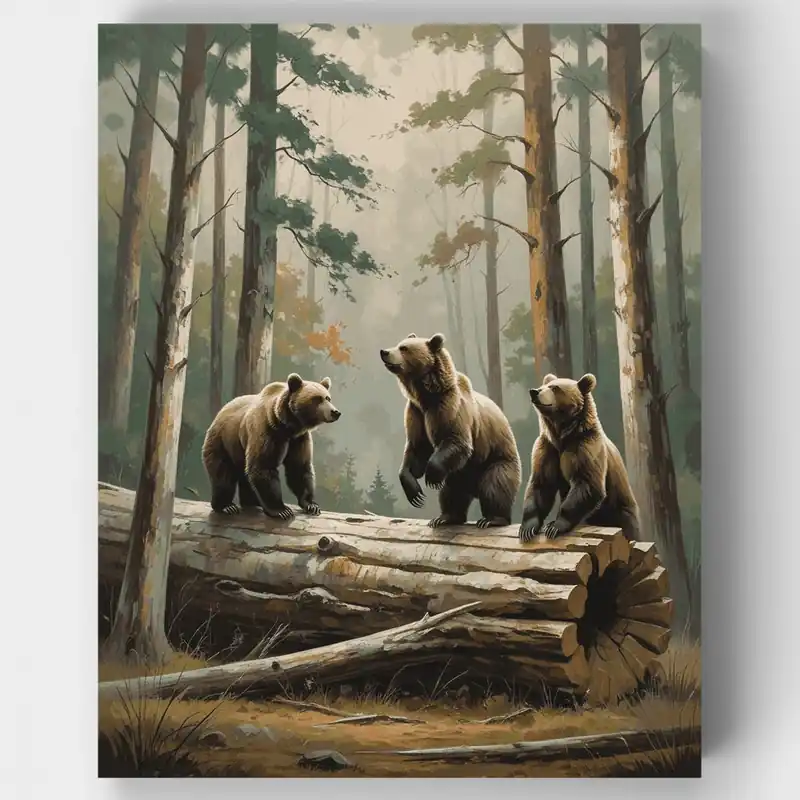 Envío Inmediato Tres Osos en Troncos del Bosque - Kit de pintar por números - Lienzo Enrollado / 24 Colores