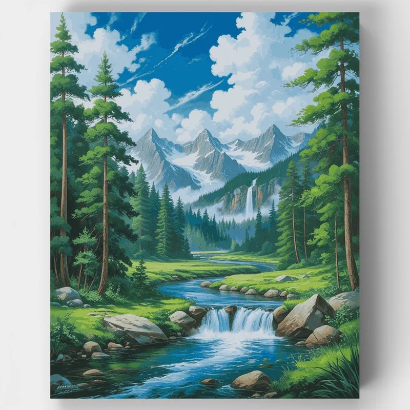 Certificado Kit de pintar por números Paraíso de Cascada en Valle Alpino - Lienzo Enrollado / 24 Colores
