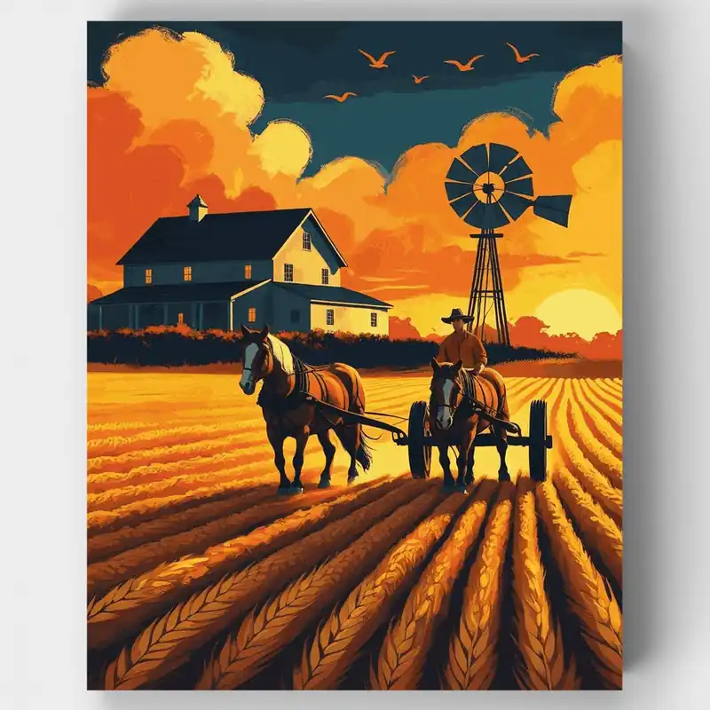 Entrega Rápida Escena de Arado al Atardecer en la Granja - Kit de pintar por números - Lienzo Enrollado / 24 Colores