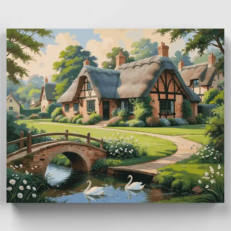 Favorito De Clientes Pueblo de Casas de Campo Inglesas con Cisnes - Kit de pintar por números - Lienzo Enrollado / 24 Colores