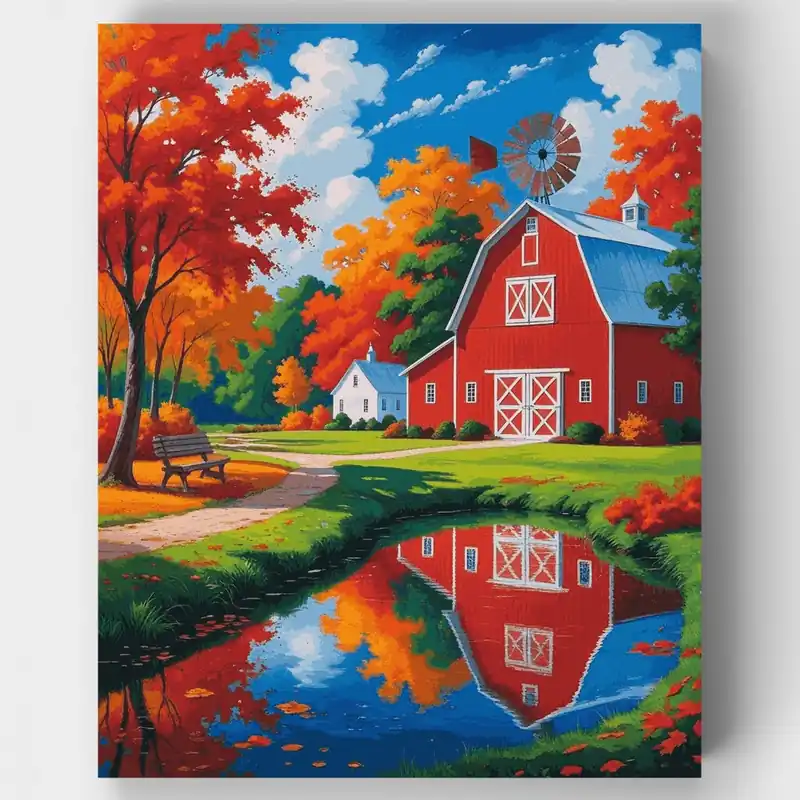 Precio Económico Kit de pintar por números Paraíso de Reflejo Otoñal del Granero Rojo - Lienzo Enrollado / 24 Colores