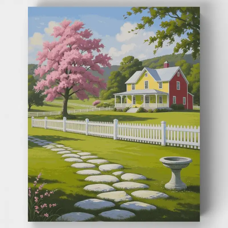 Solo Hoy Encantadora Casa de Campo con Cerezo en Flor - Kit de pintar por números - Lienzo Enrollado / 24 Colores