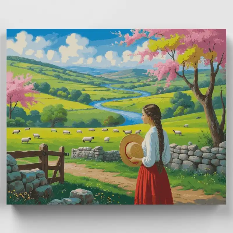 Valle Pastoral con Flores de Cerezo - Kit de pintar por números - Lienzo Enrollado / 24 Colores Más Vendido