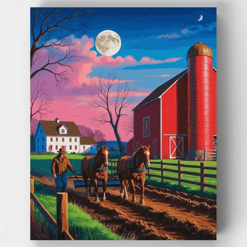 Última Oportunidad Kit de pintar por números Granja Nocturna a la Luz de la Luna - Lienzo Enrollado / 24 Colores