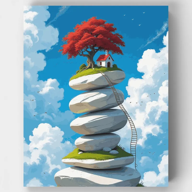 Islas de Piedra Flotantes con Casa del Árbol Roja - Kit de pintar por números - Lienzo Enrollado / 24 Colores Moderno