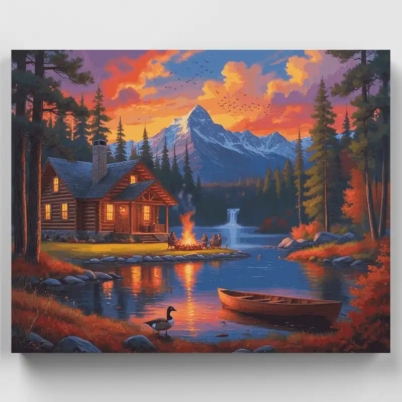 Cabaña en la Naturaleza Paraíso de Fogata - Kit de pintar por números - Lienzo Enrollado / 24 Colores Última Versión