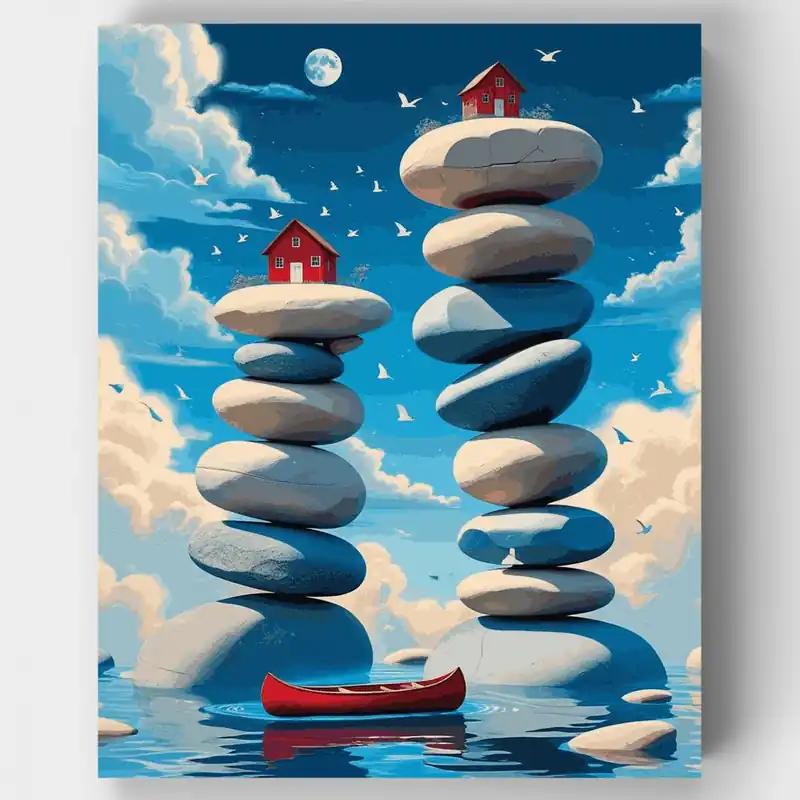 Súper Precio Torres de Piedra Surrealistas con Casas Rojas - Kit de pintar por números - Lienzo Enrollado / 24 Colores