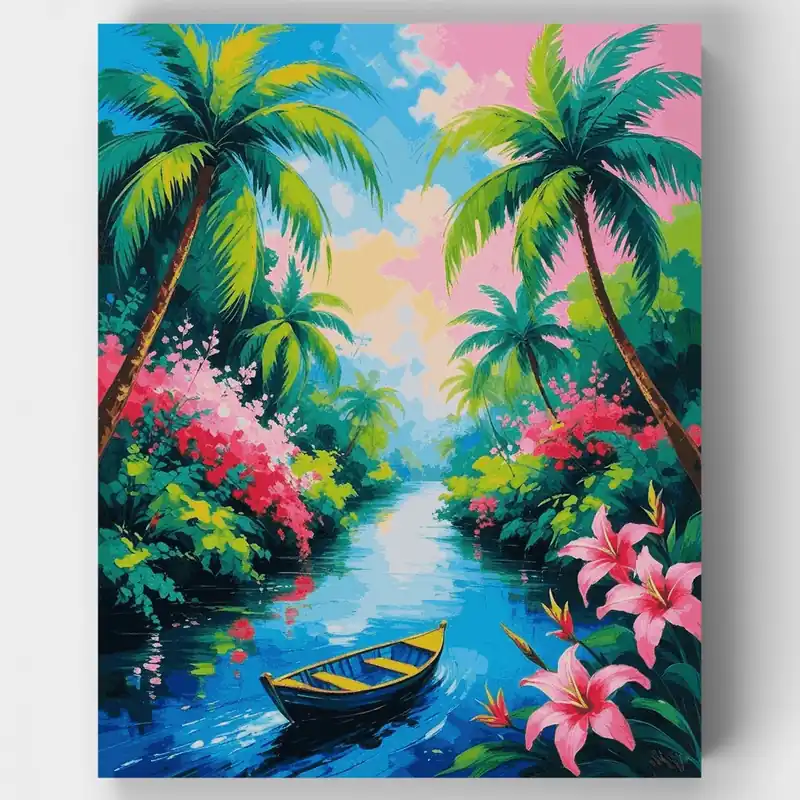Escena de Barco en Paraíso Tropical - Kit de pintar por números - Lienzo Enrollado / 24 Colores A Buen Precio