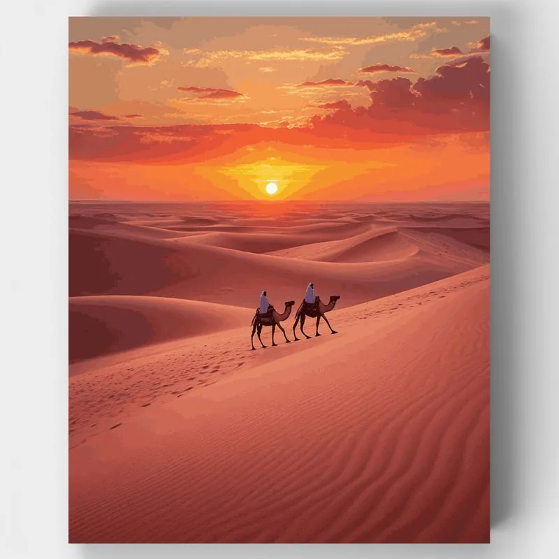 Mayoreo Kit de pintar por números Caravana de Camellos al Atardecer en el Desierto - Lienzo Enrollado / 24 Colores