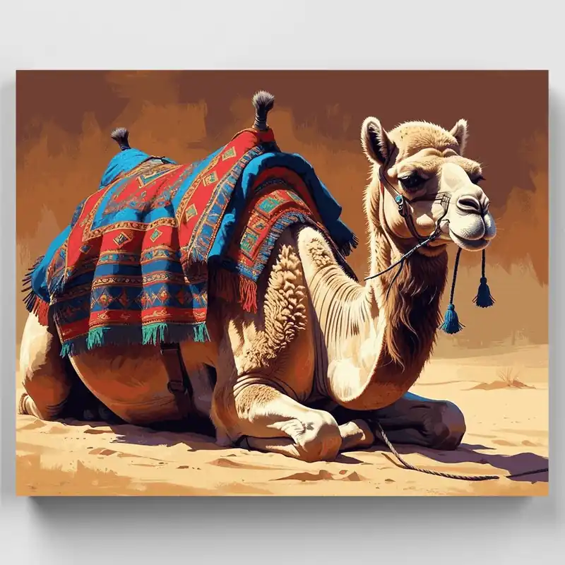 Camello del Desierto con Mantas Coloridas - Kit de pintar por números - Lienzo Enrollado / 24 Colores Artesanal