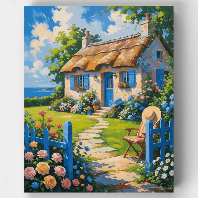 De Moda Encantador Jardín de Cabaña junto al Mar - Kit de pintar por números - Lienzo Enrollado / 24 Colores