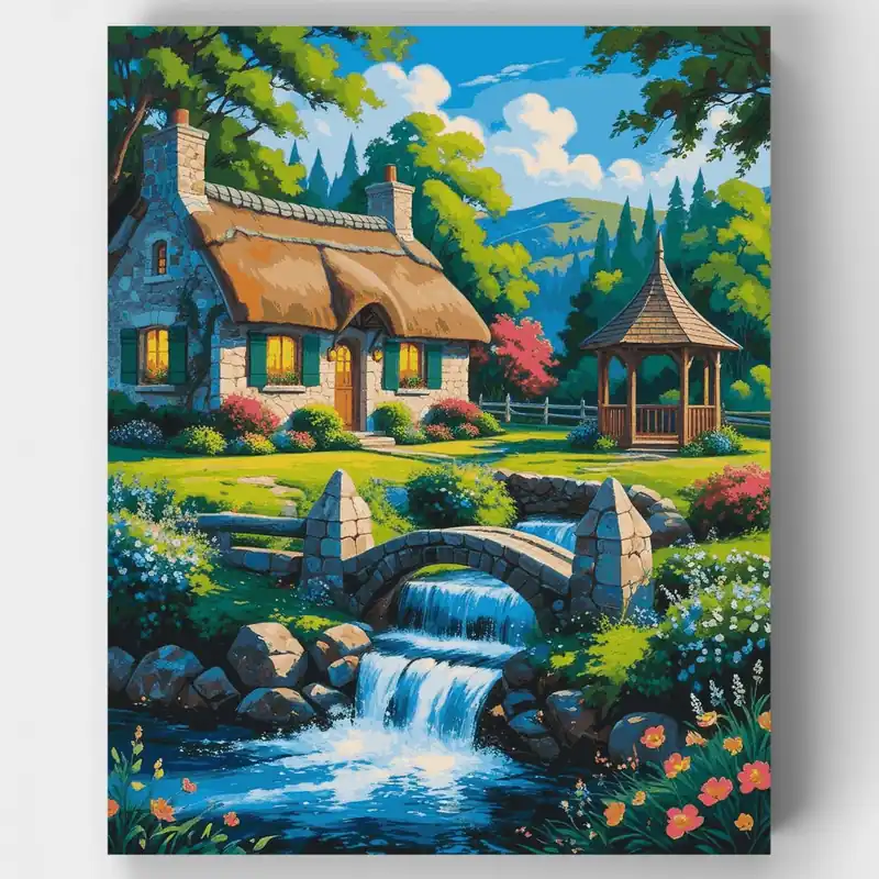 Mayoreo Paraíso Idílico de Cabaña junto al Arroyo - Kit de pintar por números - Lienzo Enrollado / 24 Colores