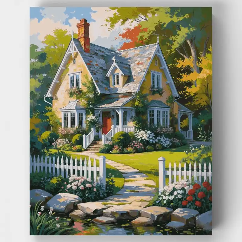 Disponible Ahora Casa de Campo Victoriana con Arroyo en el Jardín - Kit de pintar por números - Lienzo Enrollado / 24 Colores