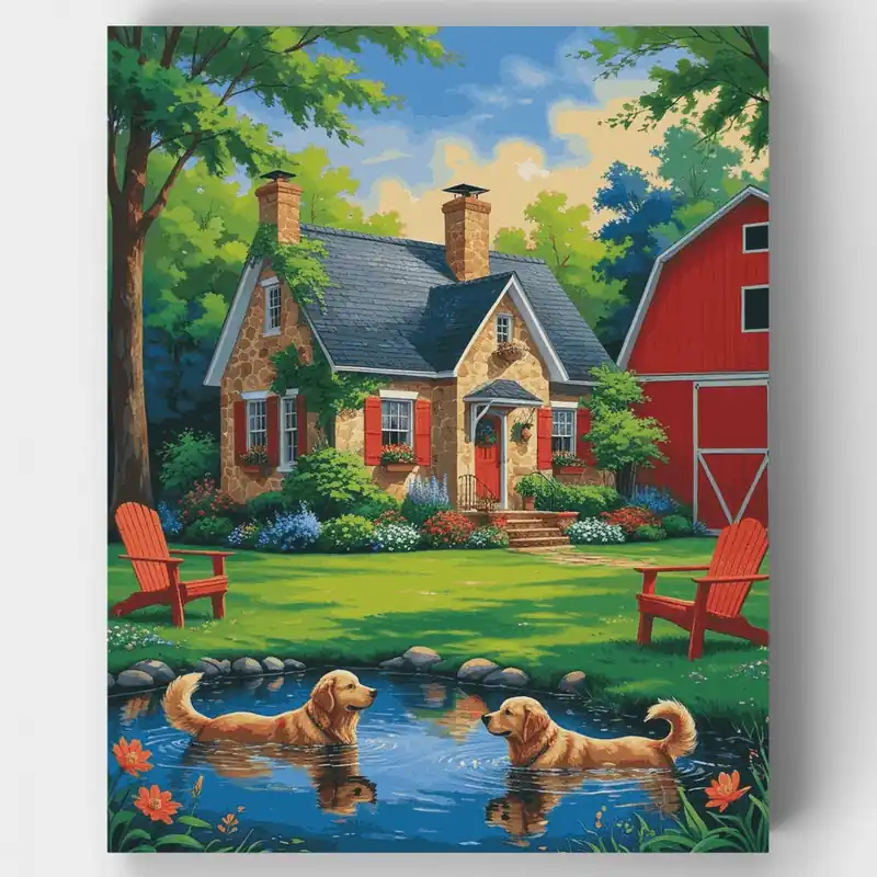 Premium Paraíso de Cabaña con Golden Retrievers - Kit de pintar por números - Lienzo Enrollado / 24 Colores