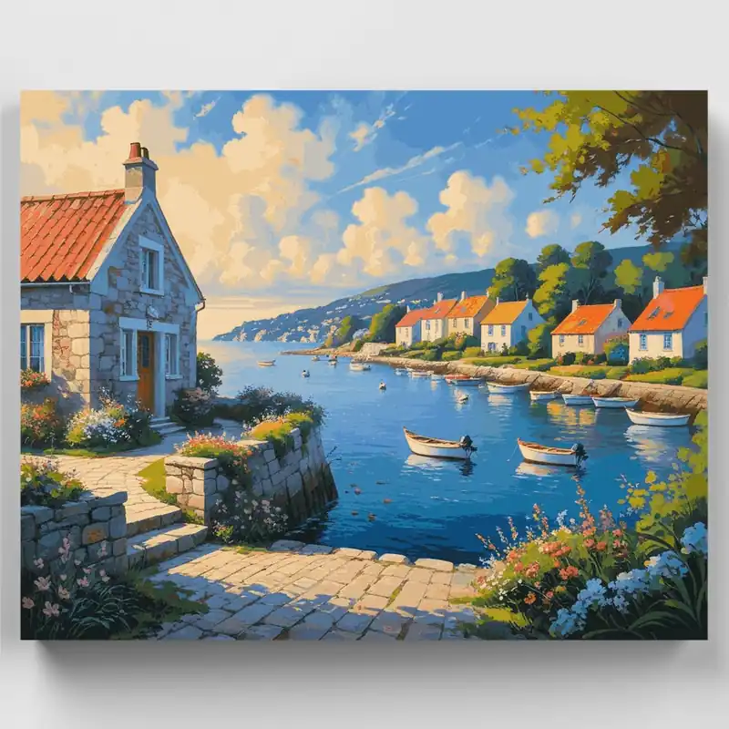 Encantador Pueblo Costero con Casas de Piedra y Barcos - Kit de pintar por números - Lienzo Enrollado / 24 Colores Comprar En Línea