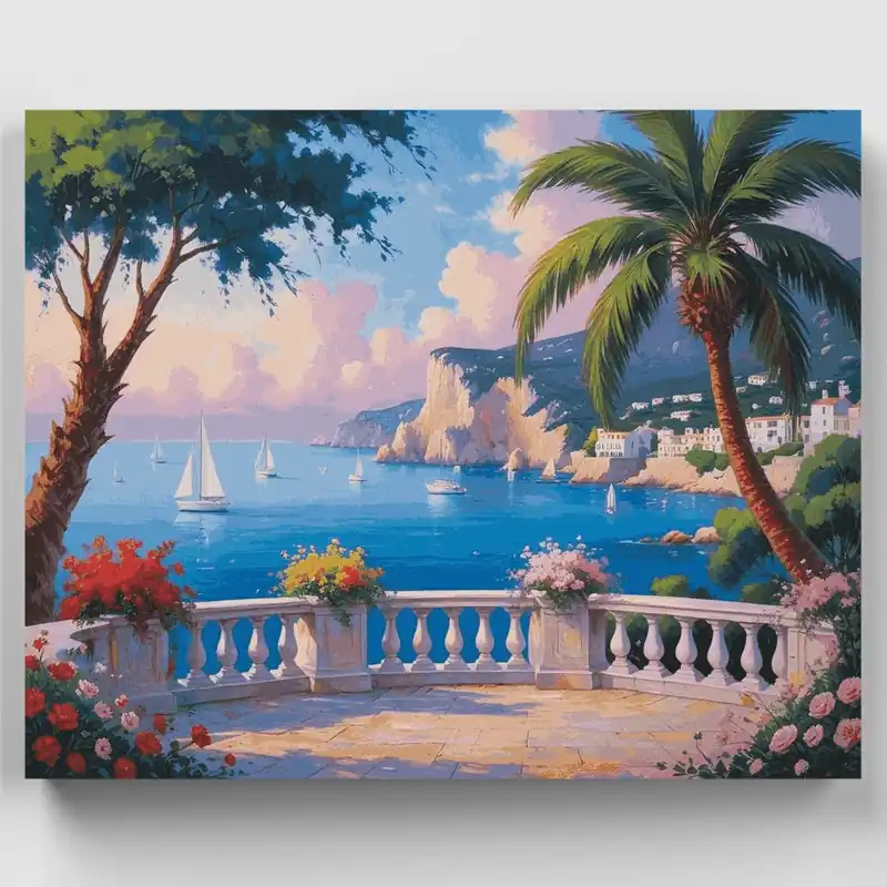 Rebajas Terraza Mediterránea Tropical con Veleros - Kit de pintar por números - Lienzo Enrollado / 24 Colores